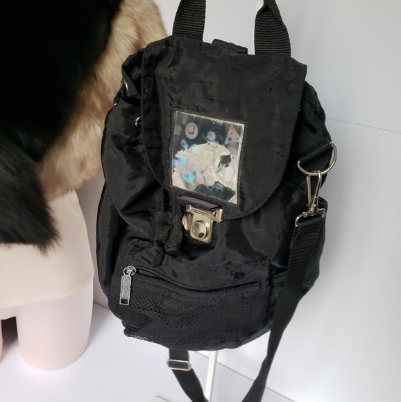 Vintage Handbags - Convertible 80s black crossbody backpack hologram